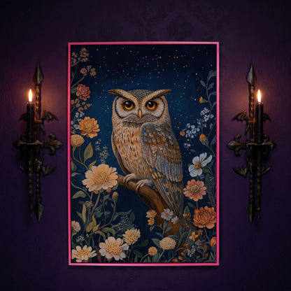 Mystical Owl on Branch Canvas Print in pink floating frame
