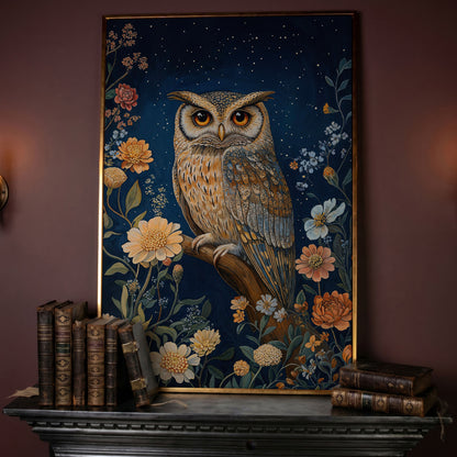 Mystical Owl on Branch Canvas Print in rose gold floating frame