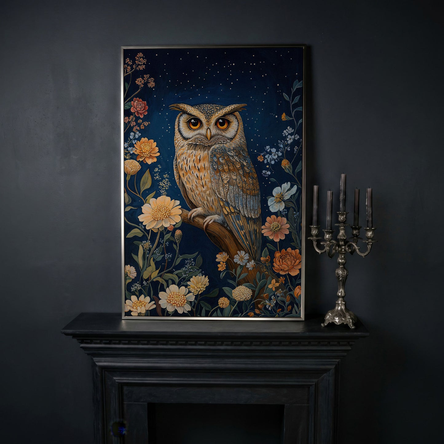 Mystical Owl on Branch Canvas Print in silver floating frame