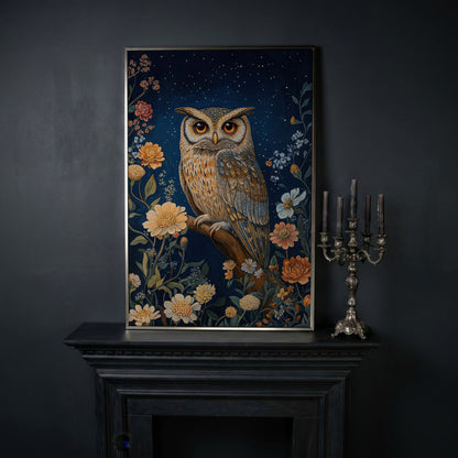 Mystical Owl on Branch Canvas Print in silver floating frame
