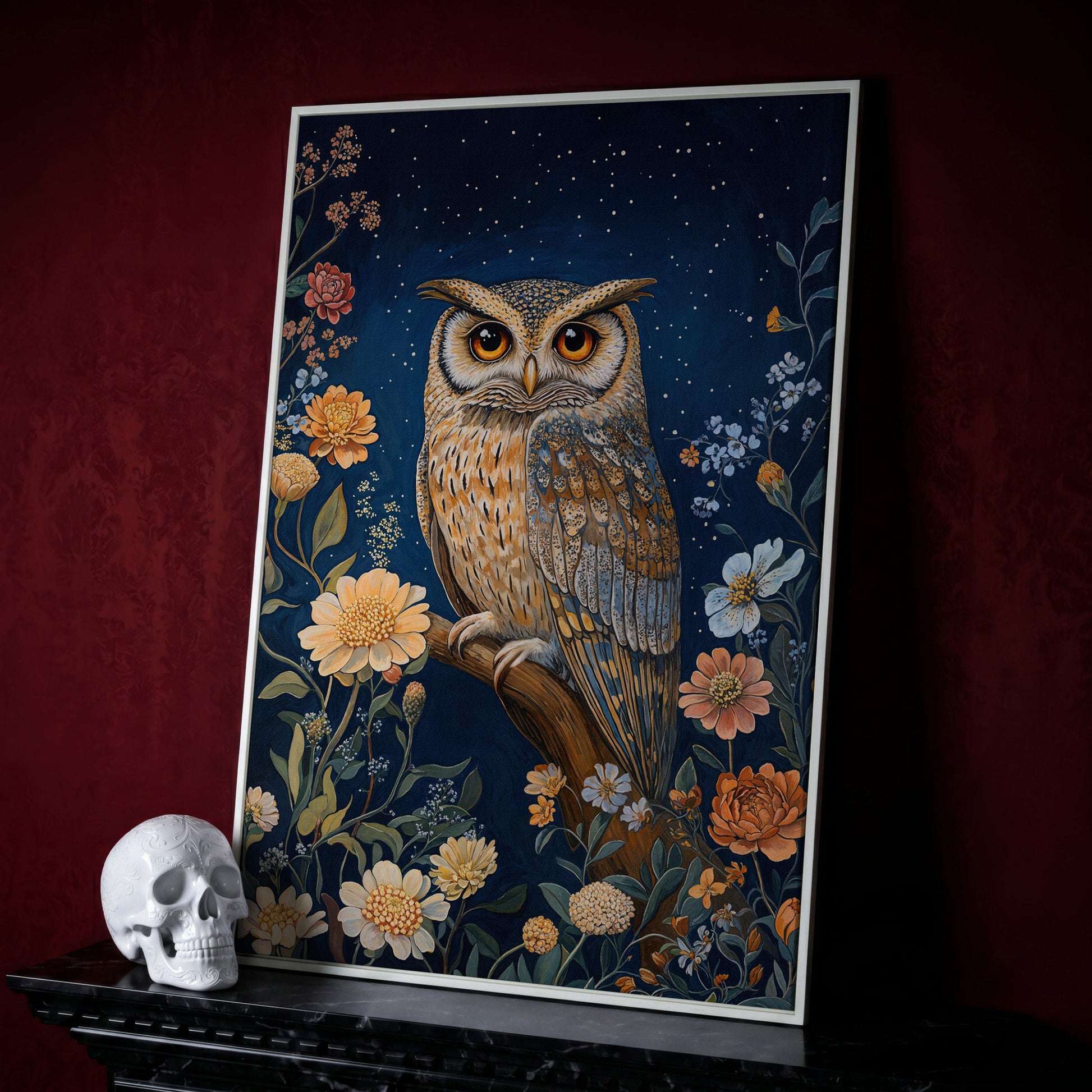 Mystical Owl on Branch Canvas Print in white floating frame