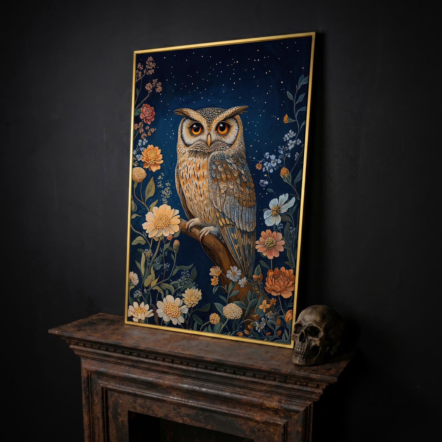 Mystical Owl on Branch Canvas Print in yellow gold floating frame