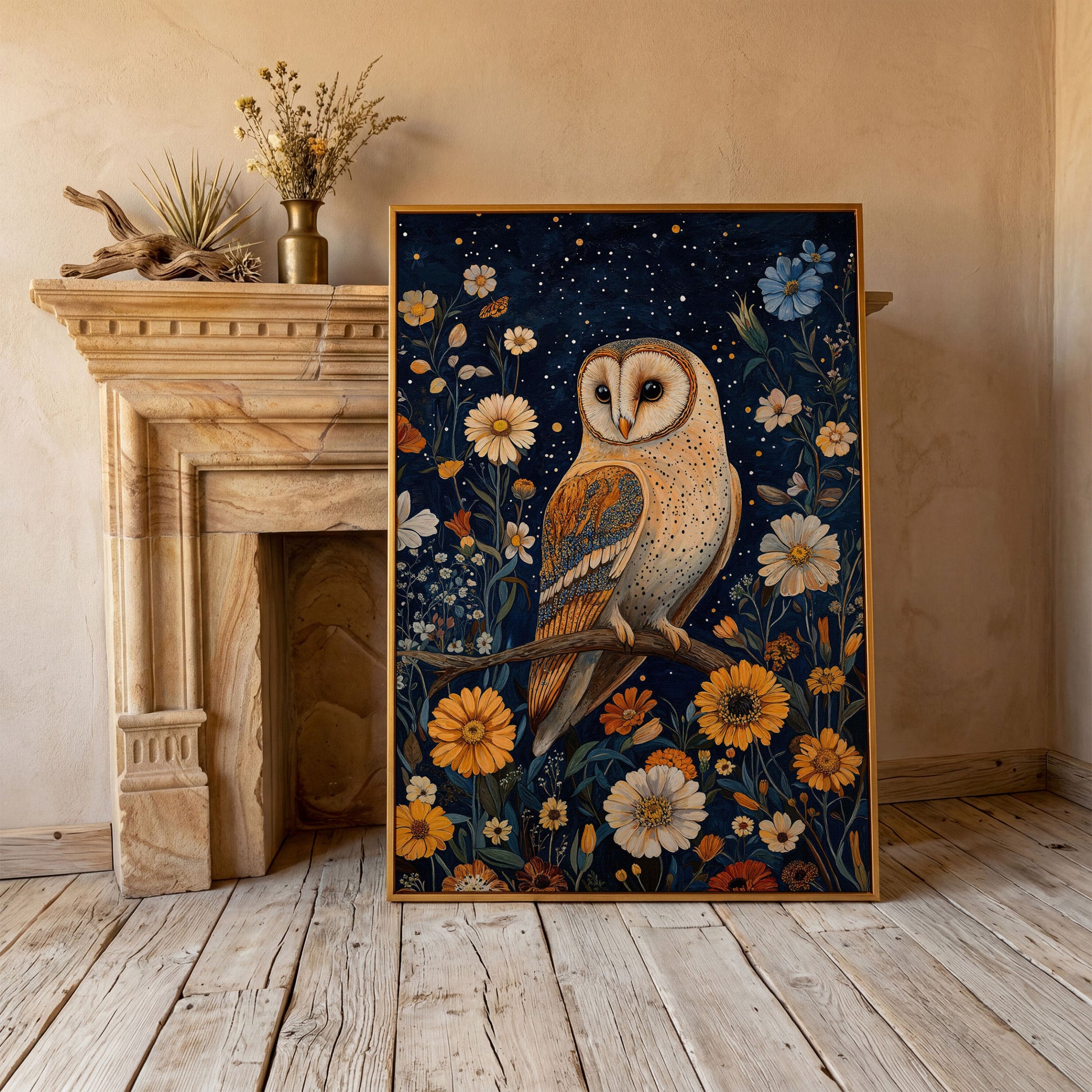 Barn Owl on Wildflowers Canvas Print in antique gold floating frame