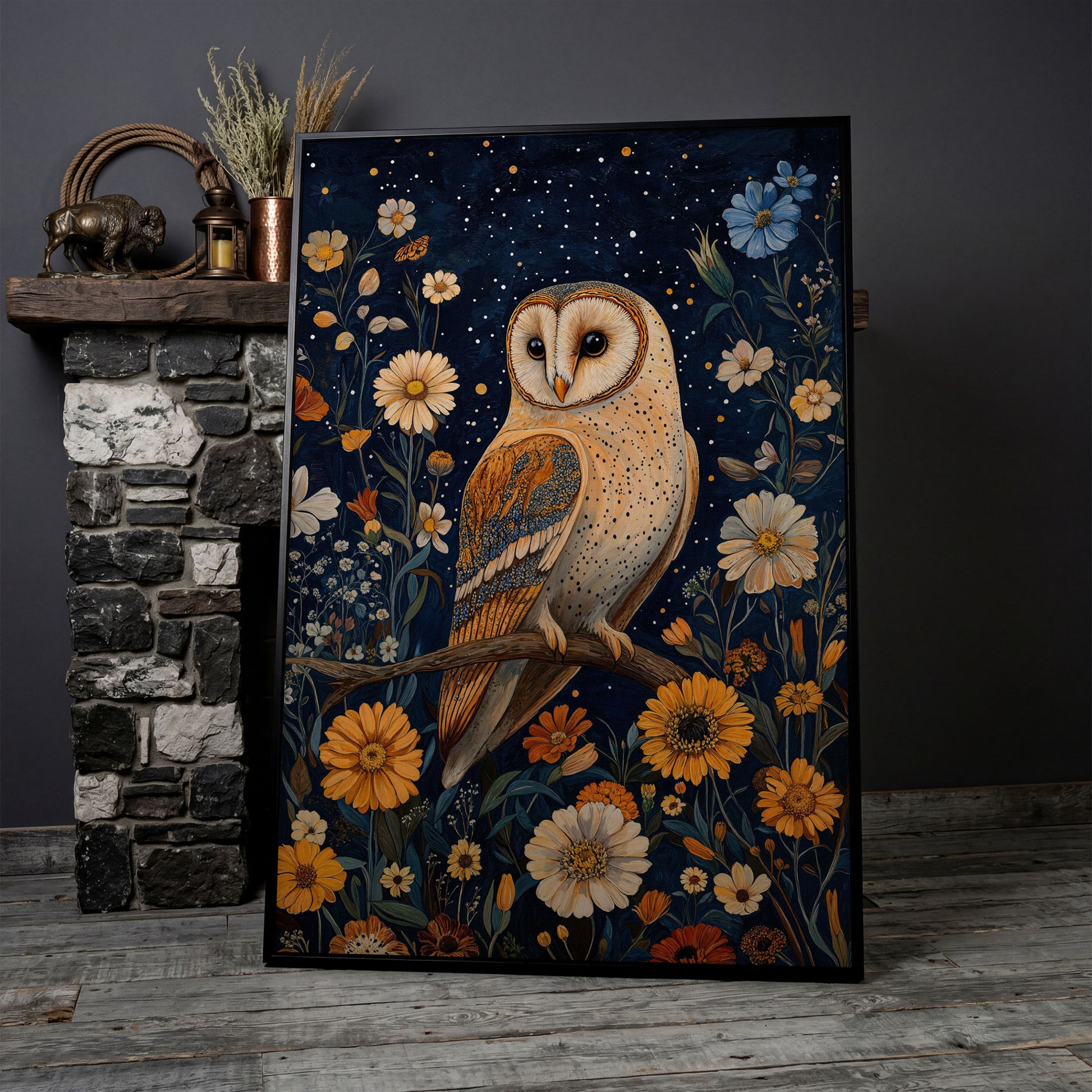 Barn Owl on Wildflowers Canvas Print in black floating frame