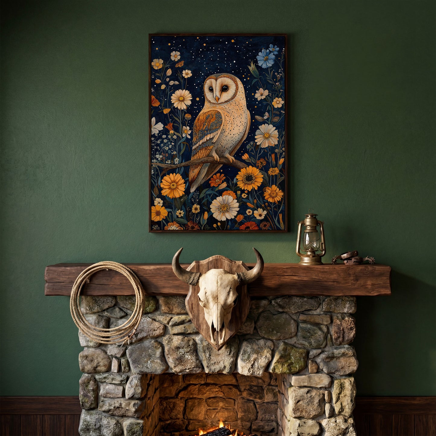 Barn Owl on Wildflowers Canvas Print in dark walnut floating frame
