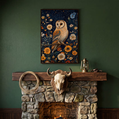 Barn Owl on Wildflowers Canvas Print in dark walnut floating frame
