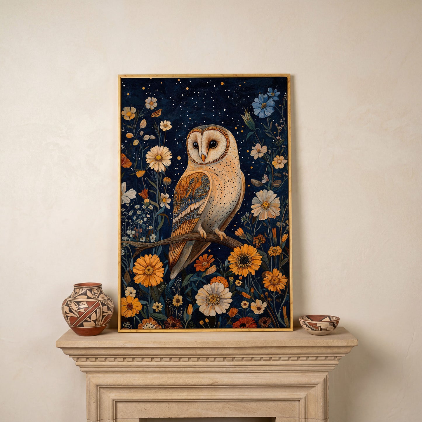 Barn Owl on Wildflowers Canvas Print in white oak floating frame