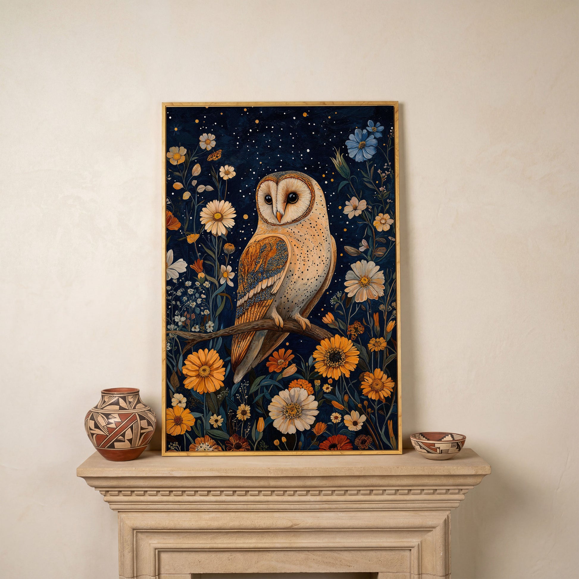 Barn Owl on Wildflowers Canvas Print in white oak floating frame