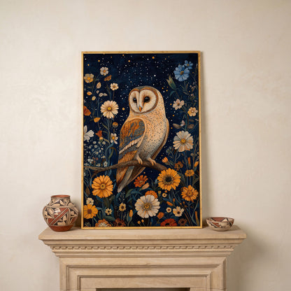 Barn Owl on Wildflowers Canvas Print in white oak floating frame