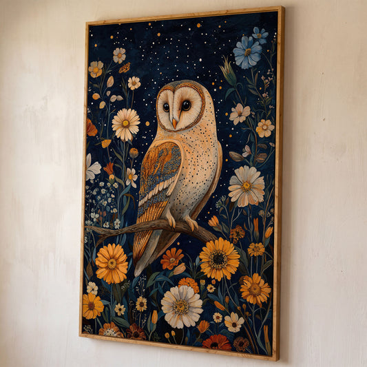 Barn Owl on Wildflowers Canvas Print shown in white oak floating frame