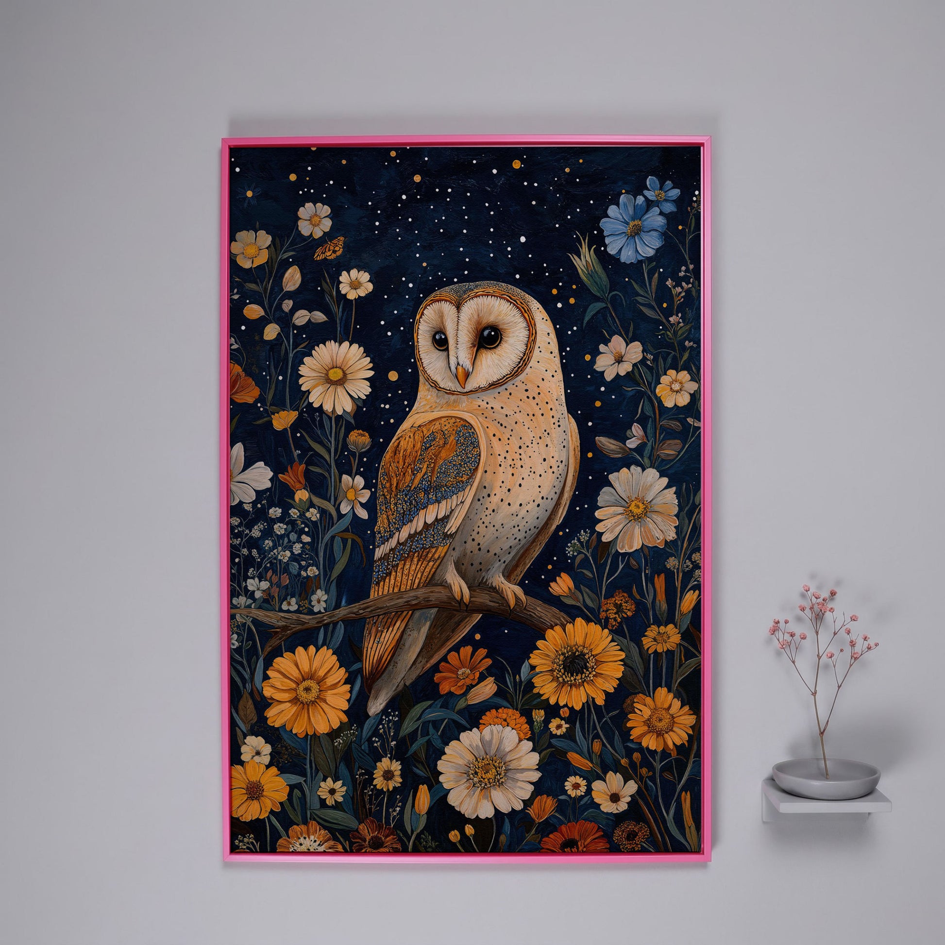 Barn Owl on Wildflowers Canvas Print in pink floating frame