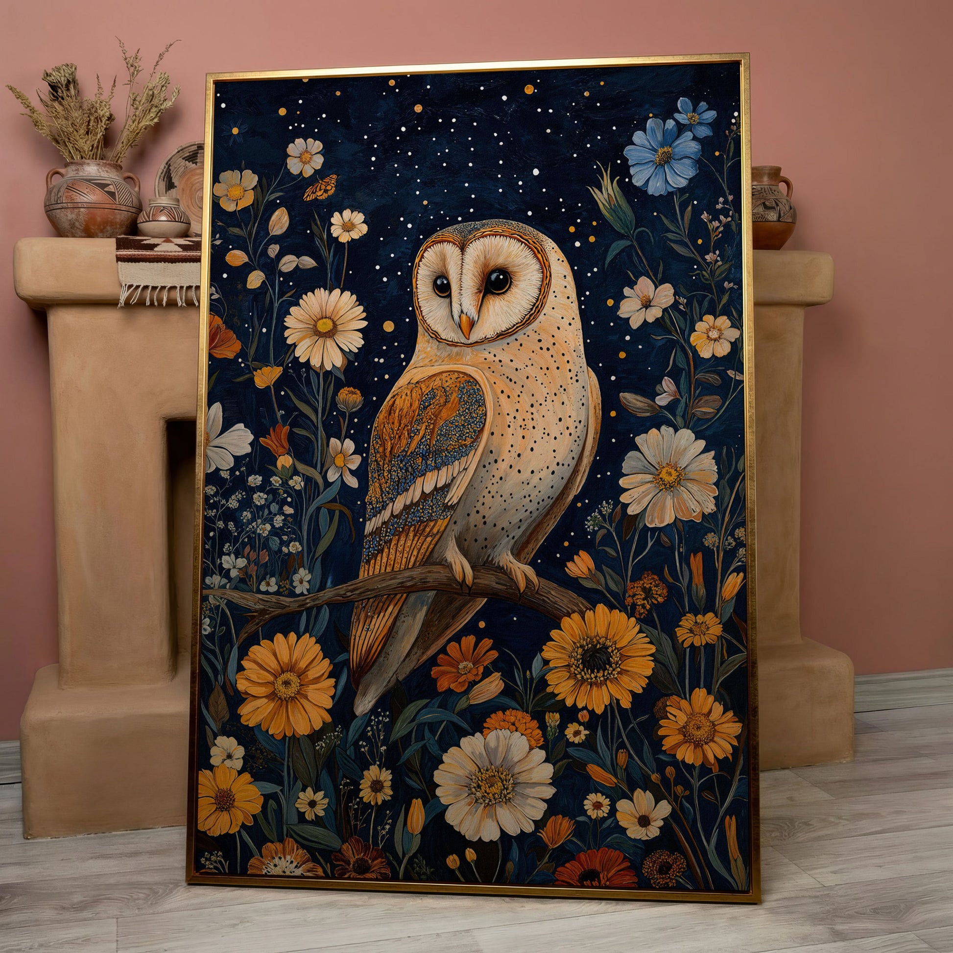 Barn Owl on Wildflowers Canvas Print in rose gold floating frame