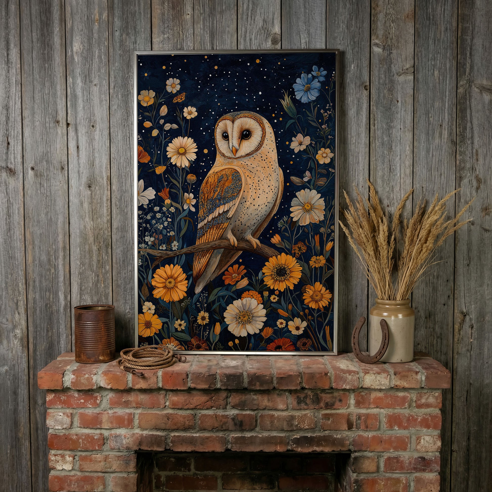 Barn Owl on Wildflowers Canvas Print in silver floating frame