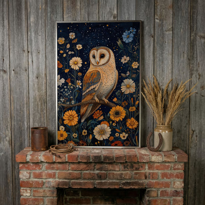 Barn Owl on Wildflowers Canvas Print in silver floating frame