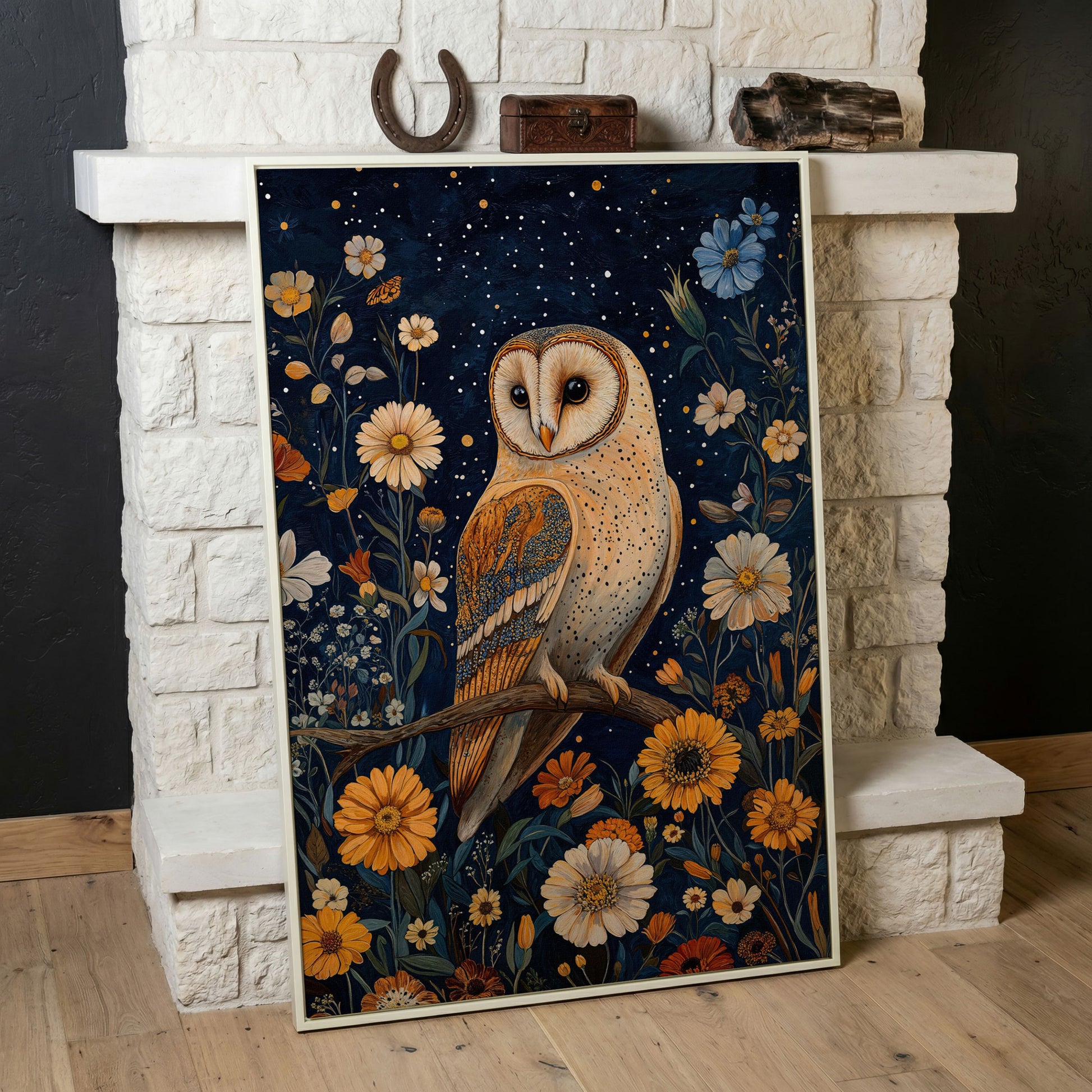 Barn Owl on Wildflowers Canvas Print in white floating frame