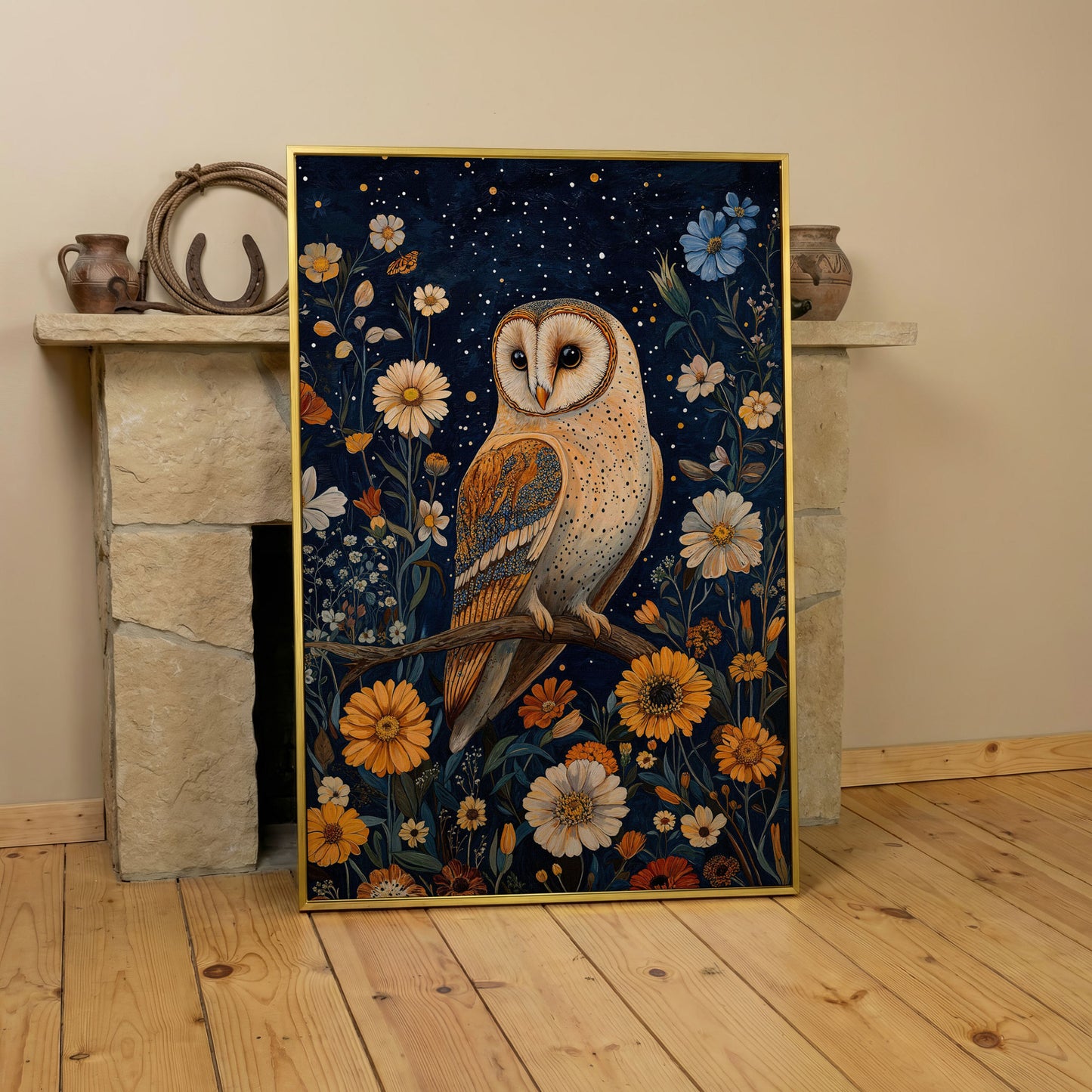 Barn Owl on Wildflowers Canvas Print in yellow gold floating frame