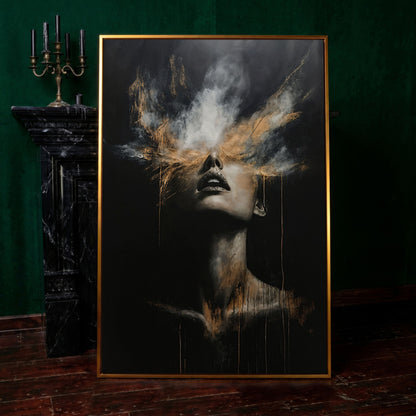 Mystical Woman in Smoke Canvas Print, Abstract Art in antique gold floating frame