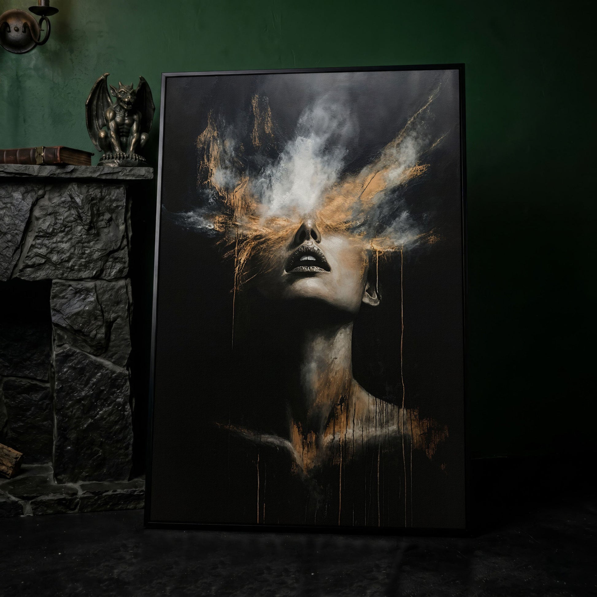 Mystical Woman in Smoke Canvas Print, Abstract Art in black floating frame