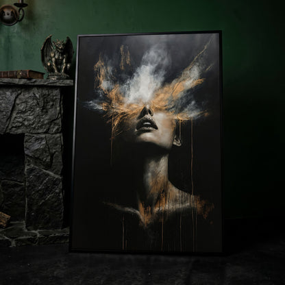 Mystical Woman in Smoke Canvas Print, Abstract Art in black floating frame