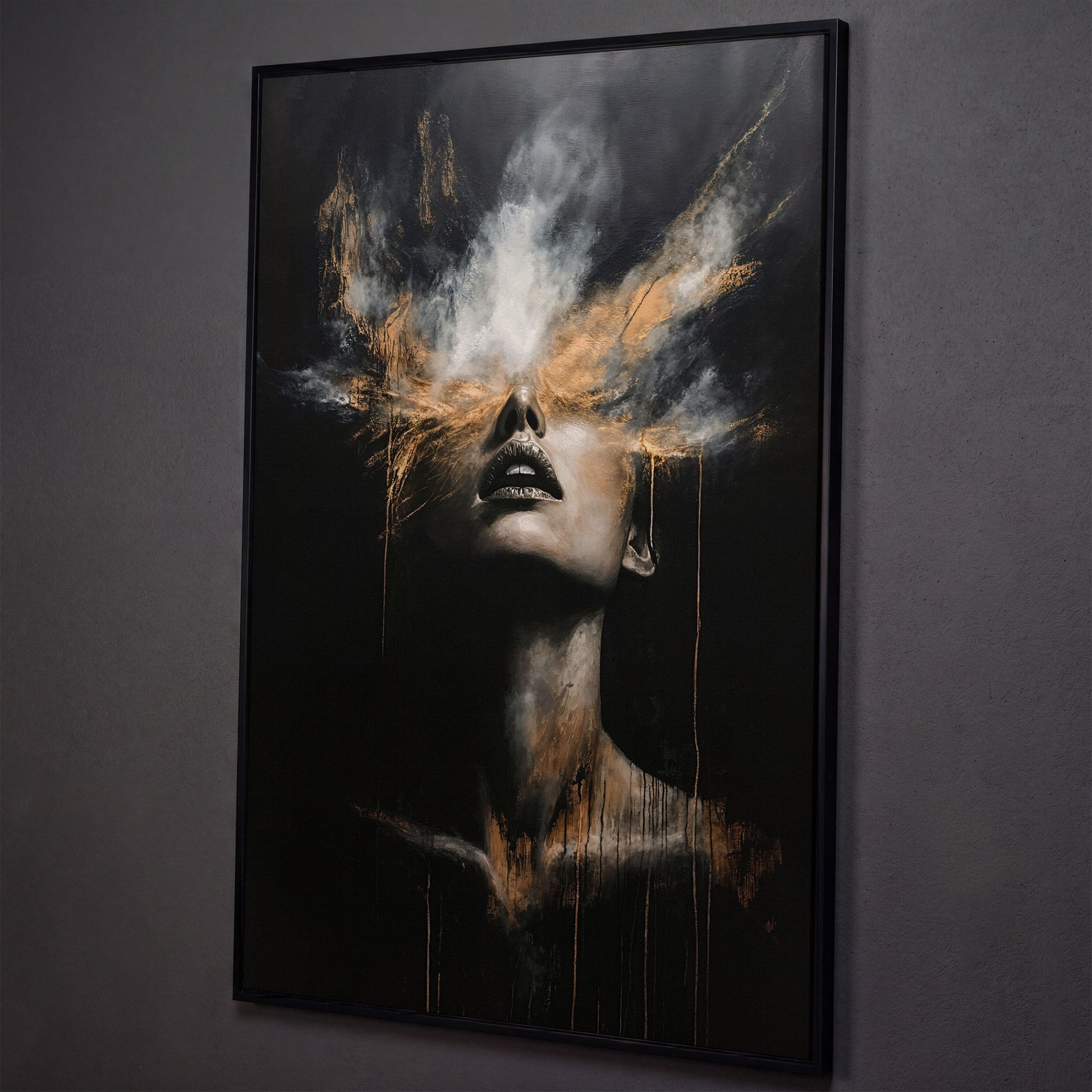 Mystical Woman in Smoke Canvas Print, Abstract Art shown in black floating frame