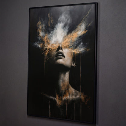 Mystical Woman in Smoke Canvas Print, Abstract Art shown in black floating frame