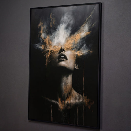 Mystical Woman in Smoke Canvas Print, Abstract Art shown in black floating frame