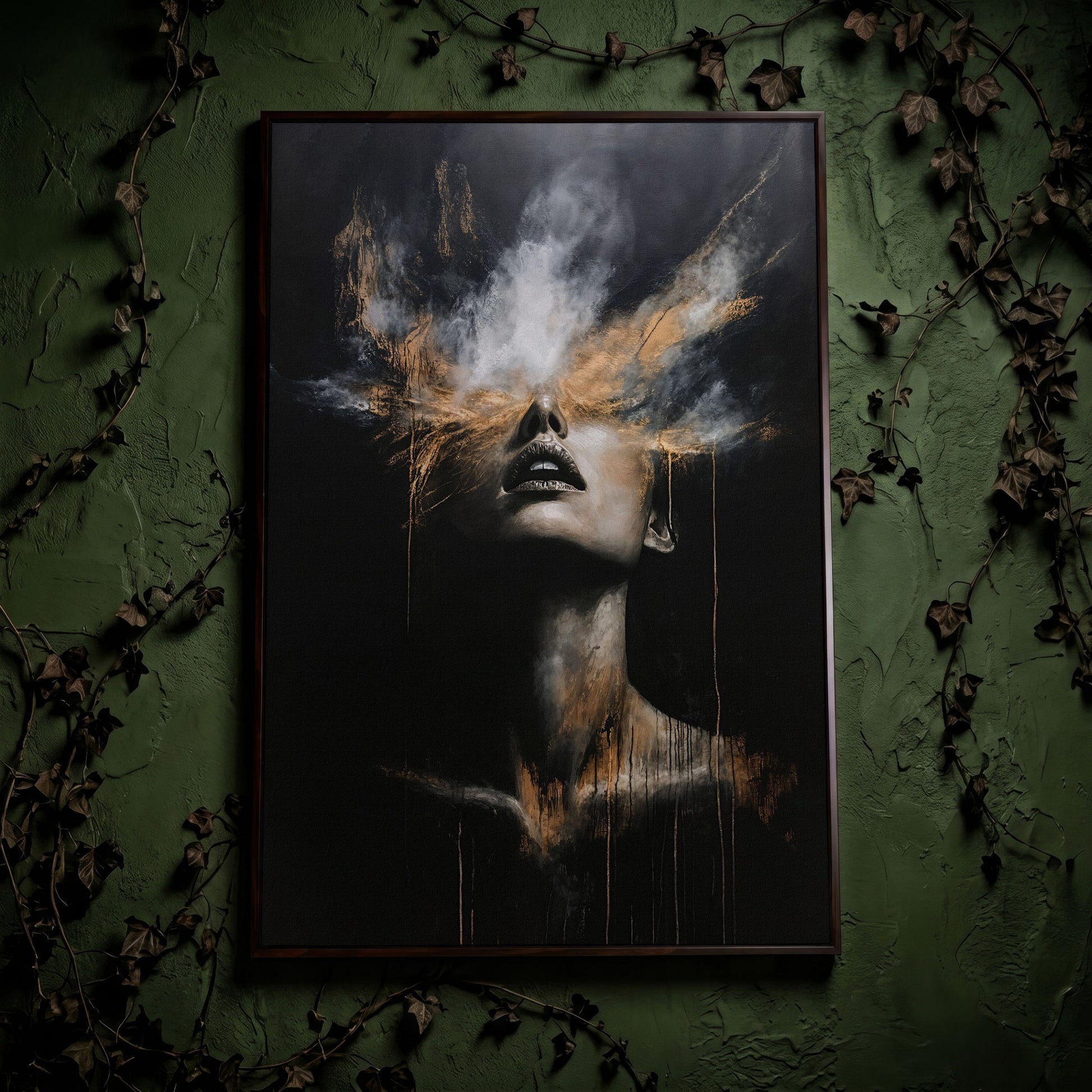 Mystical Woman in Smoke Canvas Print, Abstract Art in dark walnut floating frame