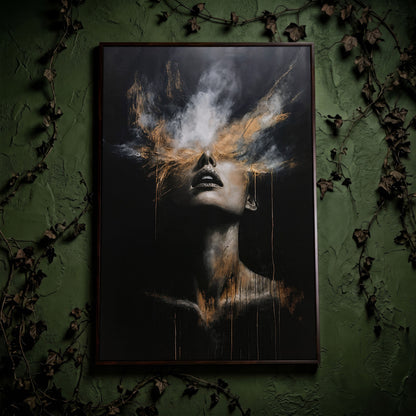 Mystical Woman in Smoke Canvas Print, Abstract Art in dark walnut floating frame