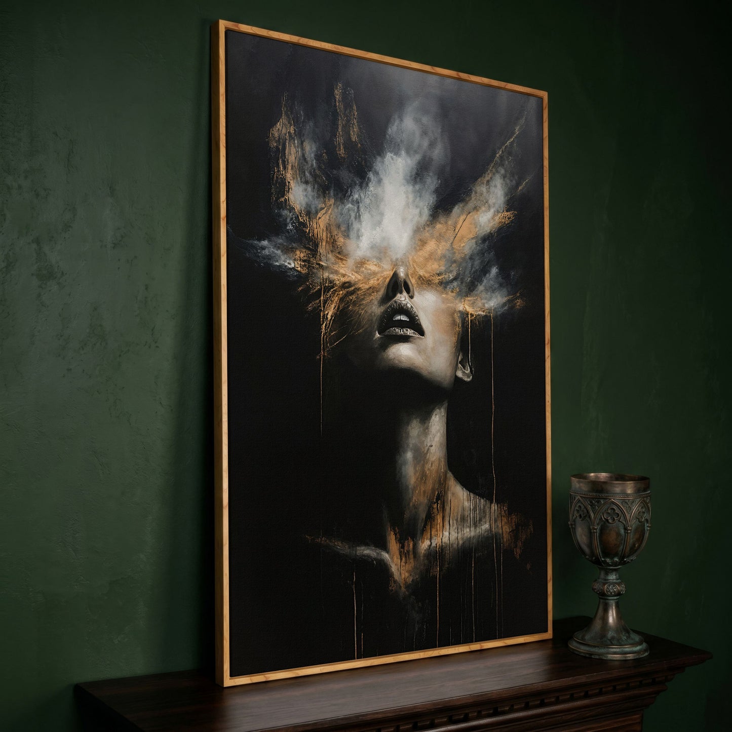 Mystical Woman in Smoke Canvas Print, Abstract Art in white oak floating frame