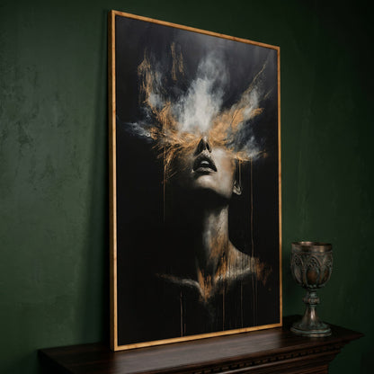 Mystical Woman in Smoke Canvas Print, Abstract Art in white oak floating frame