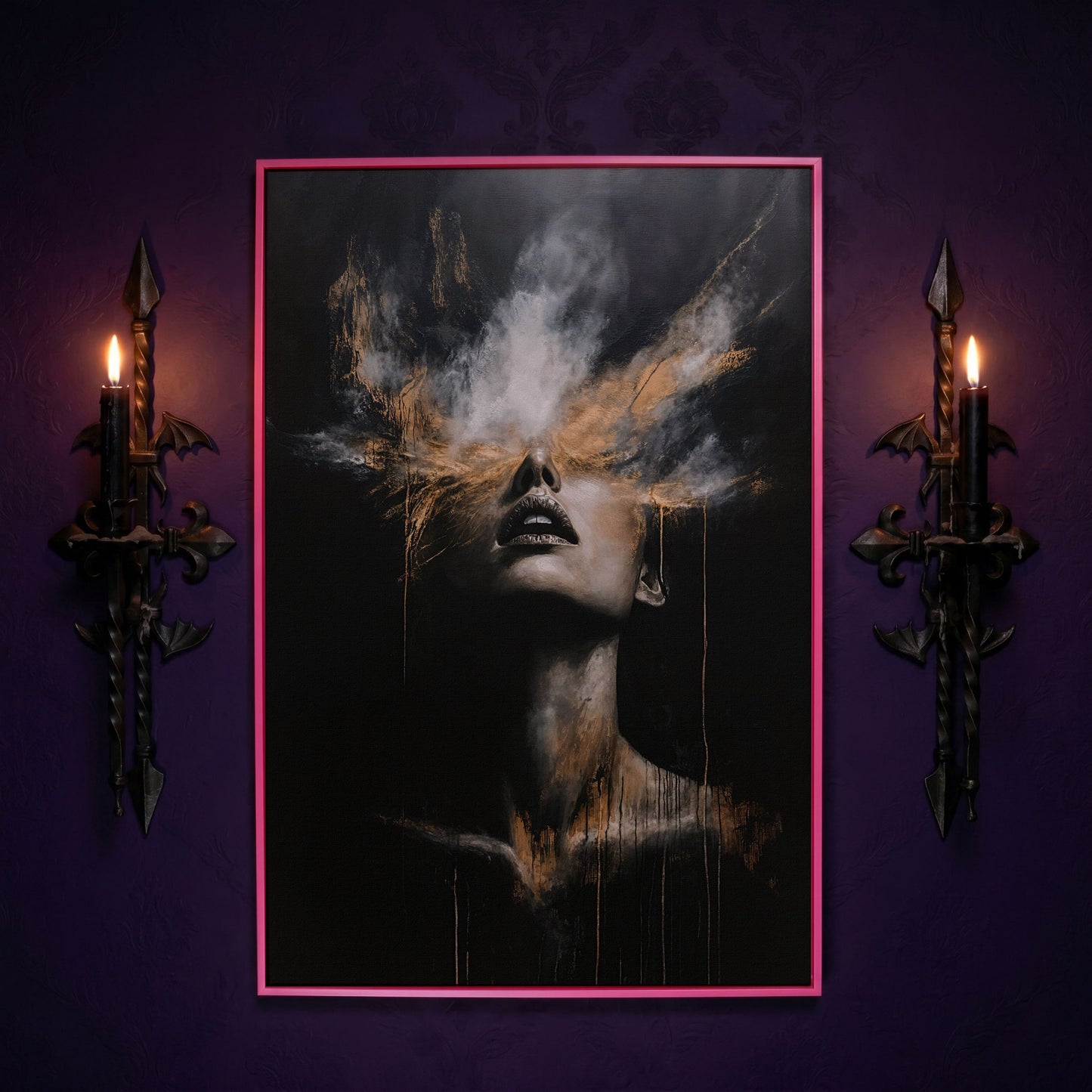 Mystical Woman in Smoke Canvas Print, Abstract Art in pink floating frame