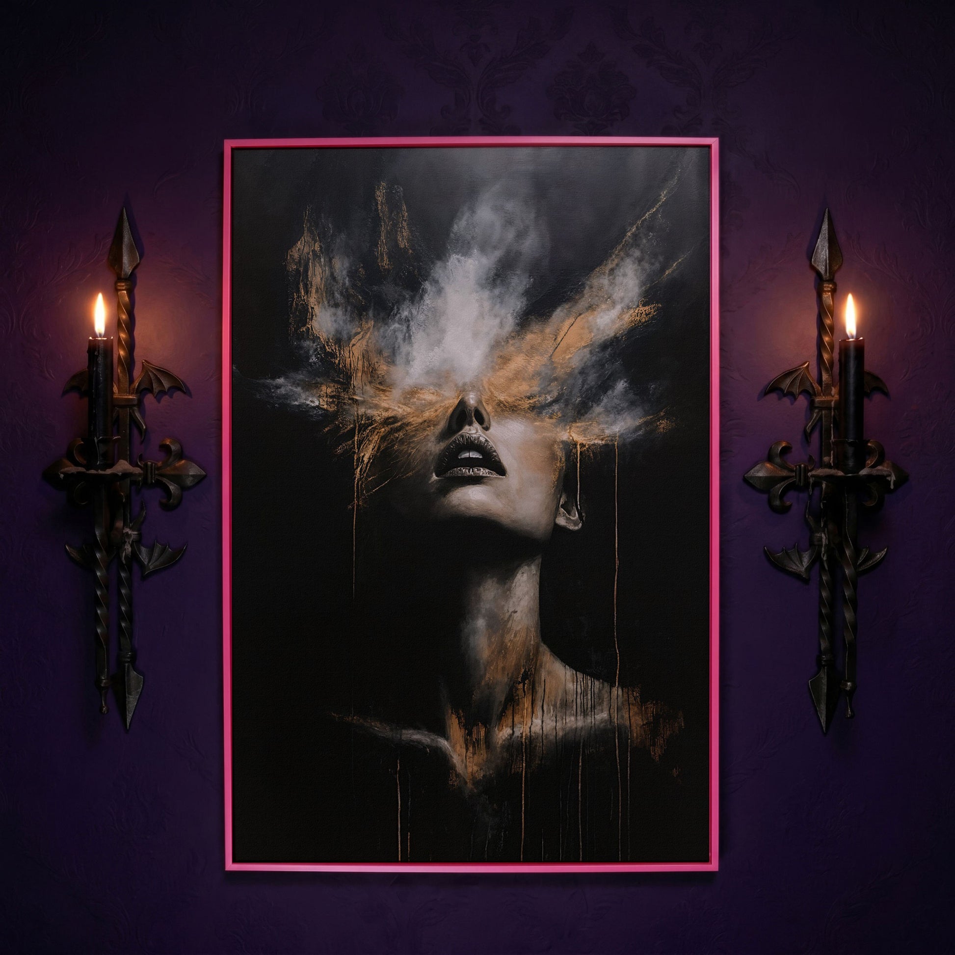 Mystical Woman in Smoke Canvas Print, Abstract Art in pink floating frame