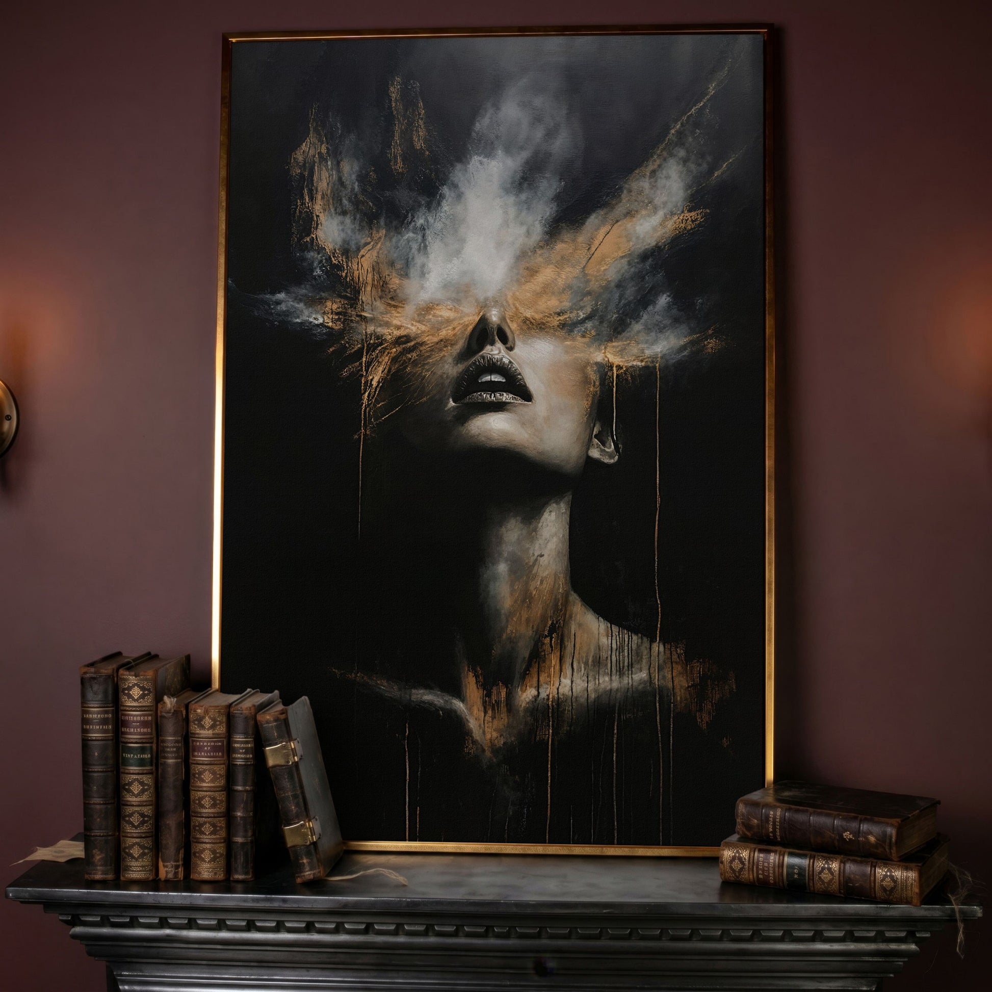 Mystical Woman in Smoke Canvas Print, Abstract Art in rose gold floating frame