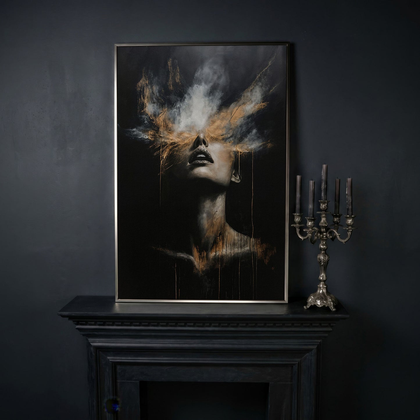Mystical Woman in Smoke Canvas Print, Abstract Art in silver floating frame