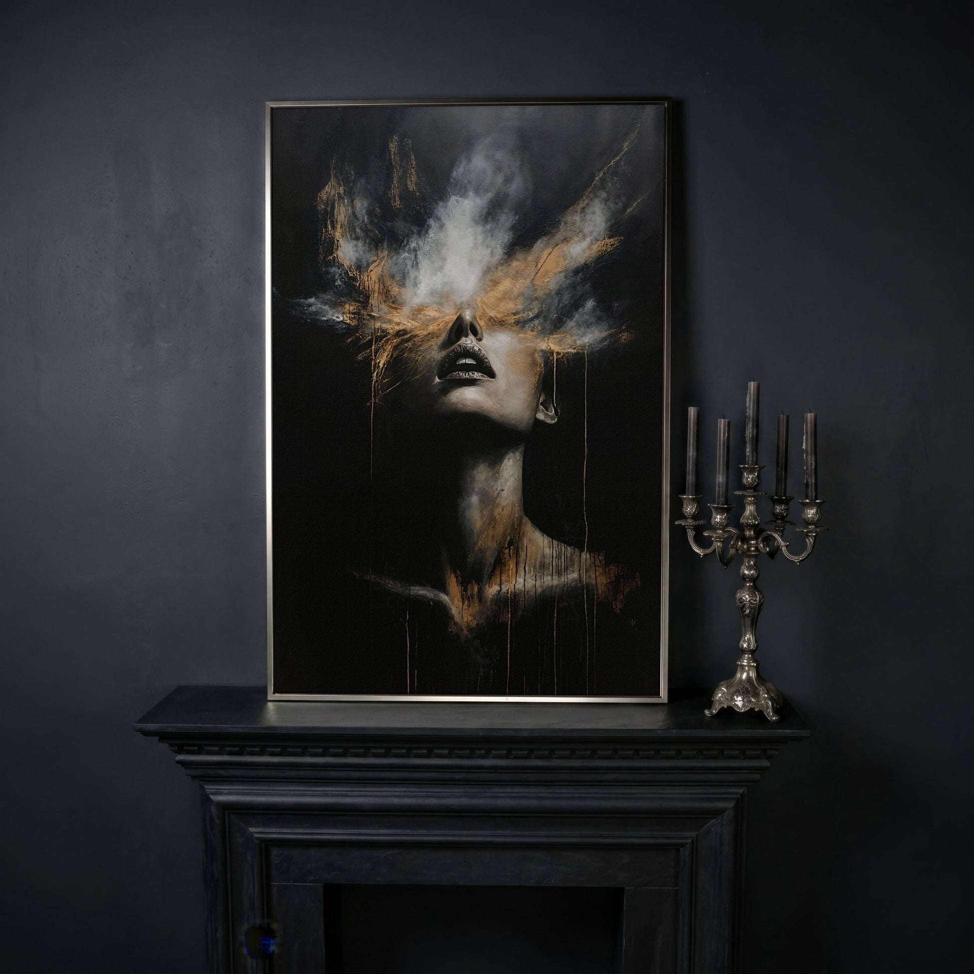 Mystical Woman in Smoke Canvas Print, Abstract Art in silver floating frame