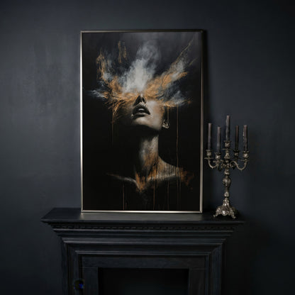Mystical Woman in Smoke Canvas Print, Abstract Art in silver floating frame