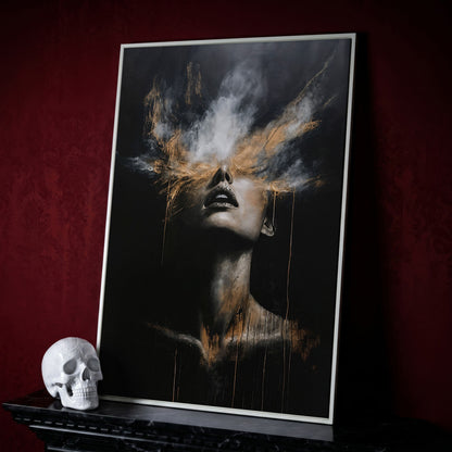 Mystical Woman in Smoke Canvas Print, Abstract Art in white floating frame