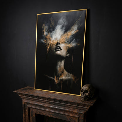 Mystical Woman in Smoke Canvas Print, Abstract Art in yellow gold floating frame
