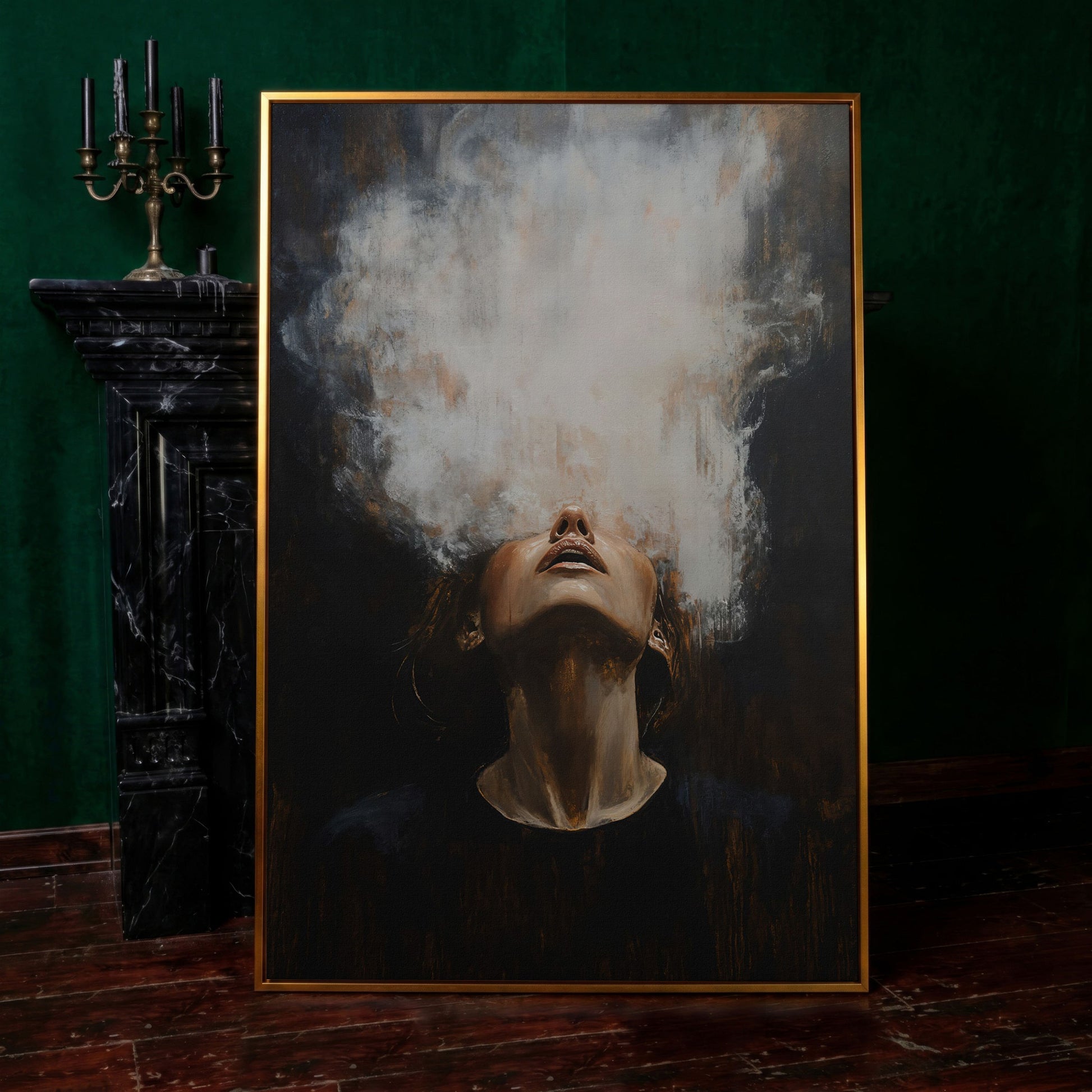 Surreal Woman with Smoke Effect Canvas in antique gold floating frame