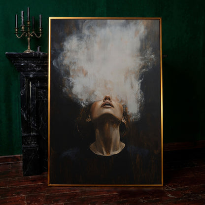 Surreal Woman with Smoke Effect Canvas in antique gold floating frame