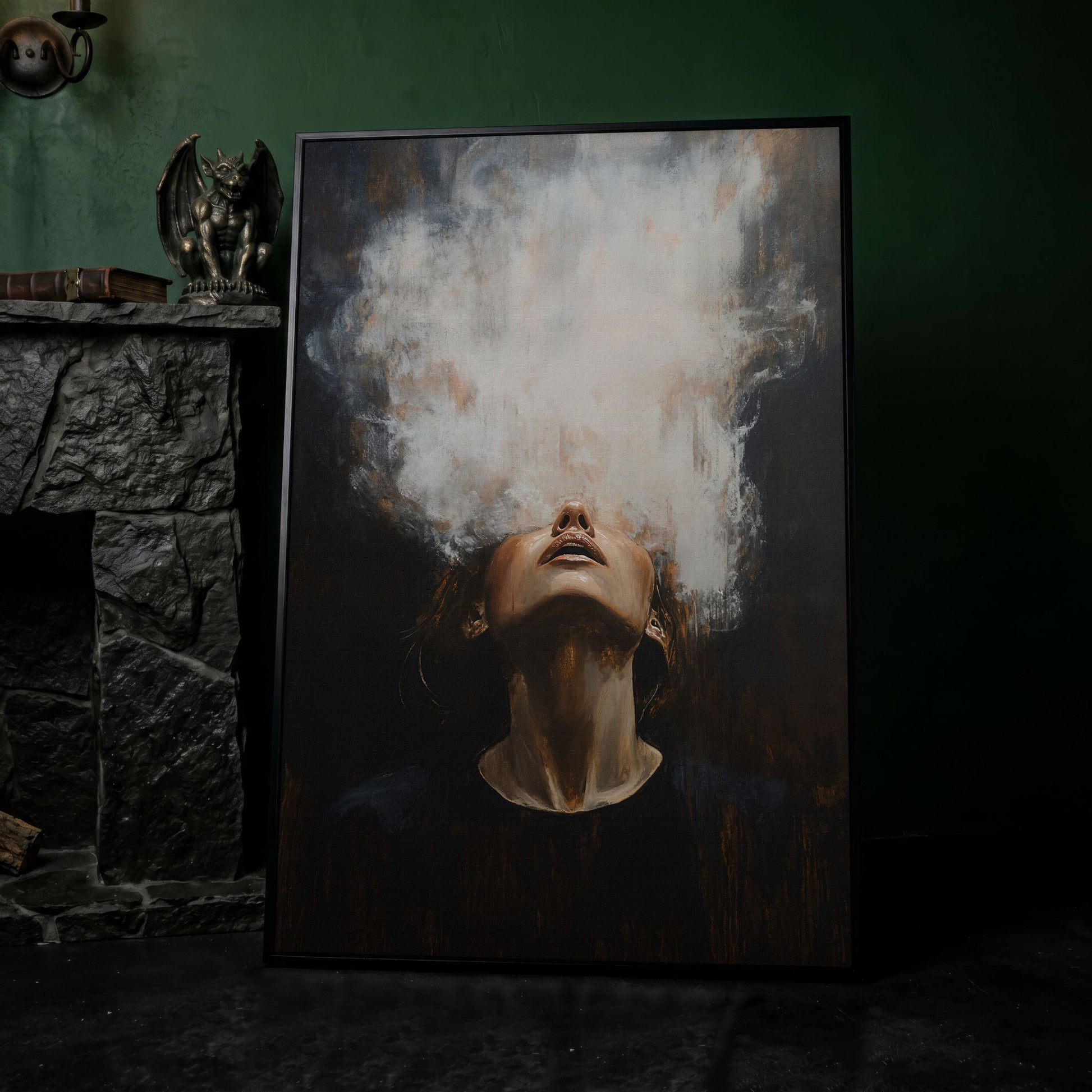 Surreal Woman with Smoke Effect Canvas in black floating frame