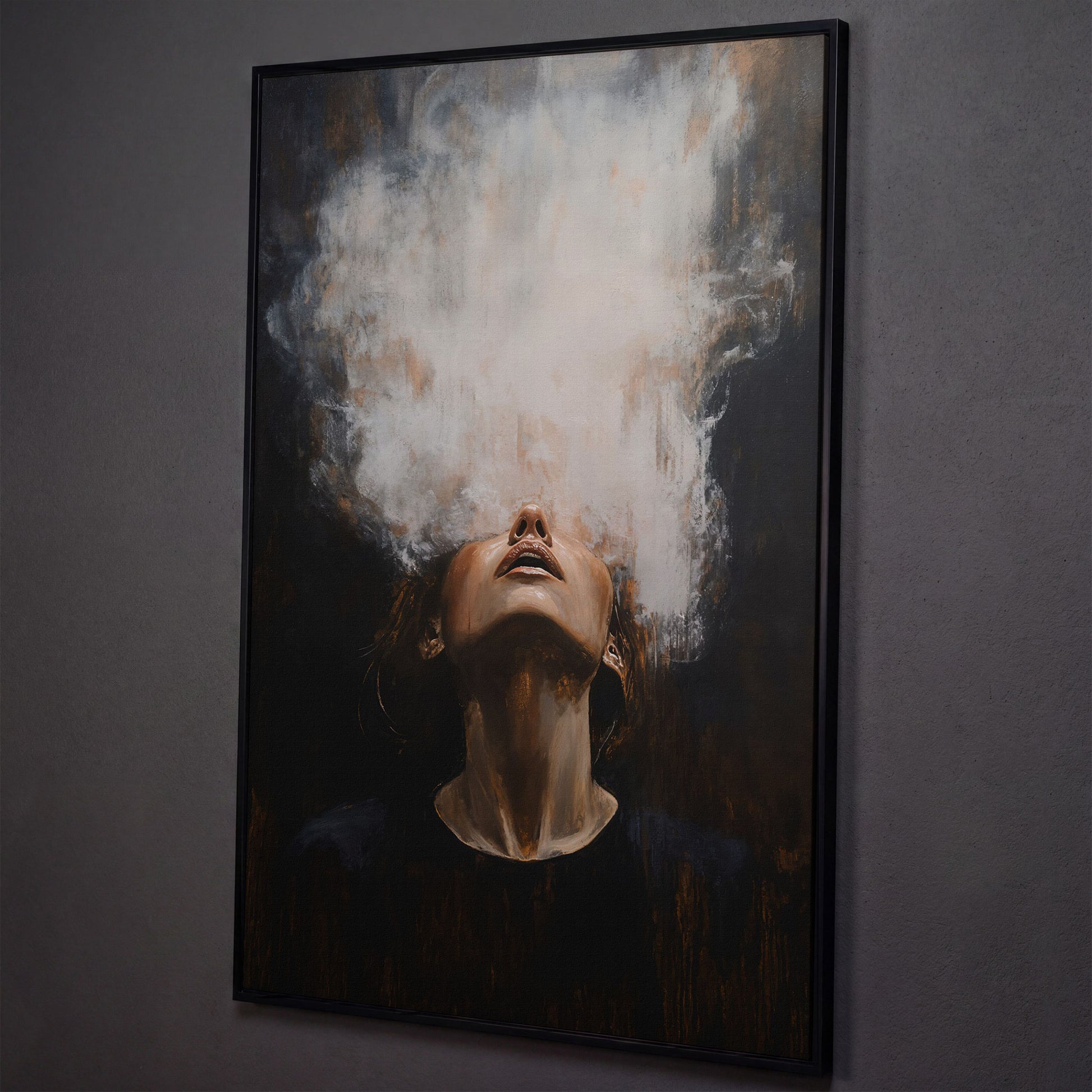 Surreal Woman with Smoke Effect Canvas shown in black floating frame