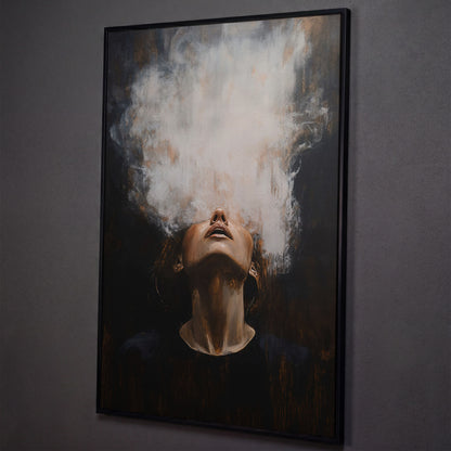 Surreal Woman with Smoke Effect Canvas shown in black floating frame