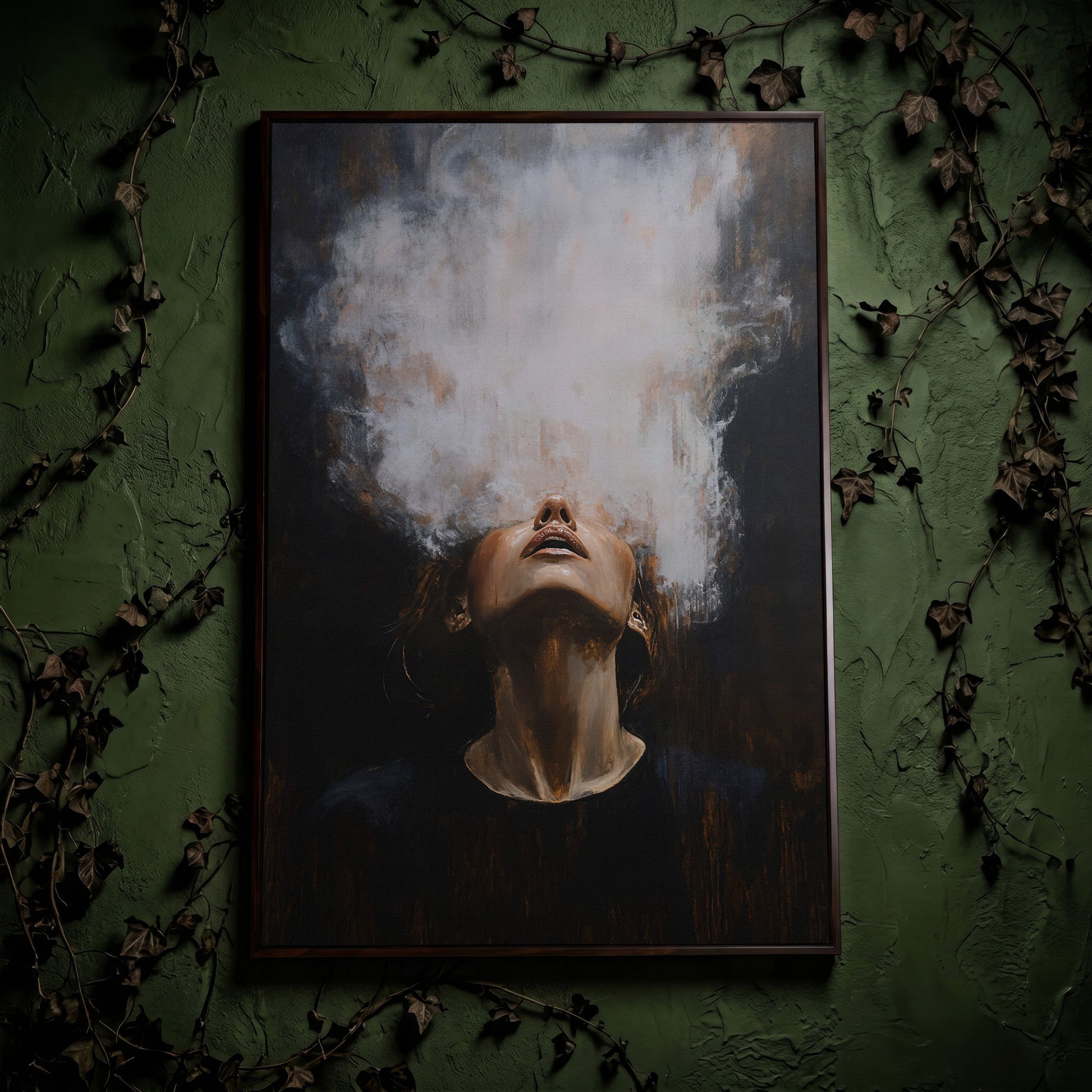 Surreal Woman with Smoke Effect Canvas in dark walnut floating frame