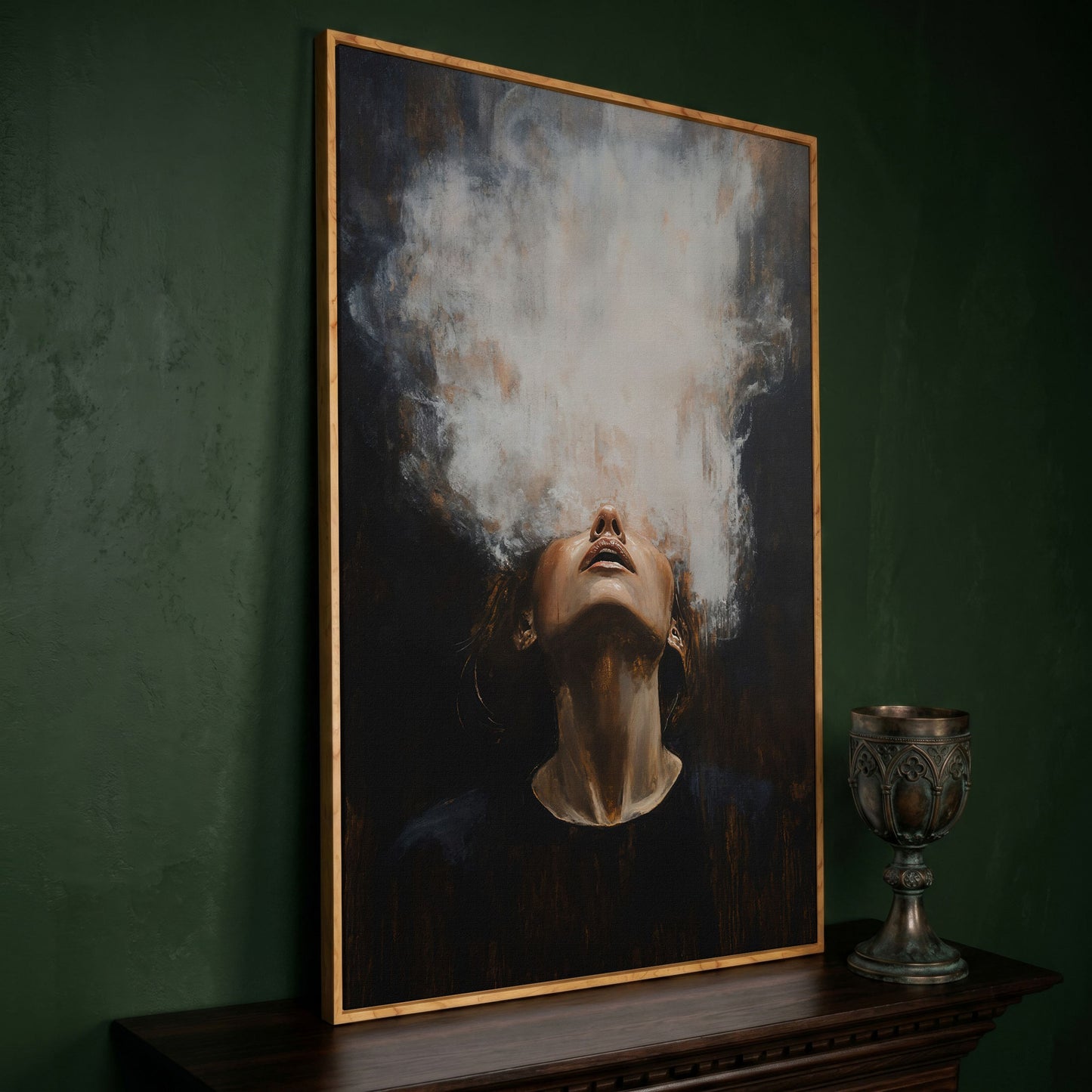 Surreal Woman with Smoke Effect Canvas in white oak floating frame