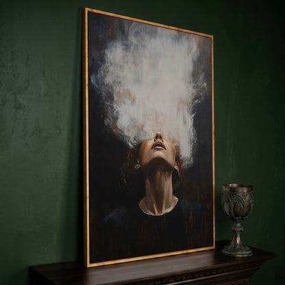 Surreal Woman with Smoke Effect Canvas in white oak floating frame