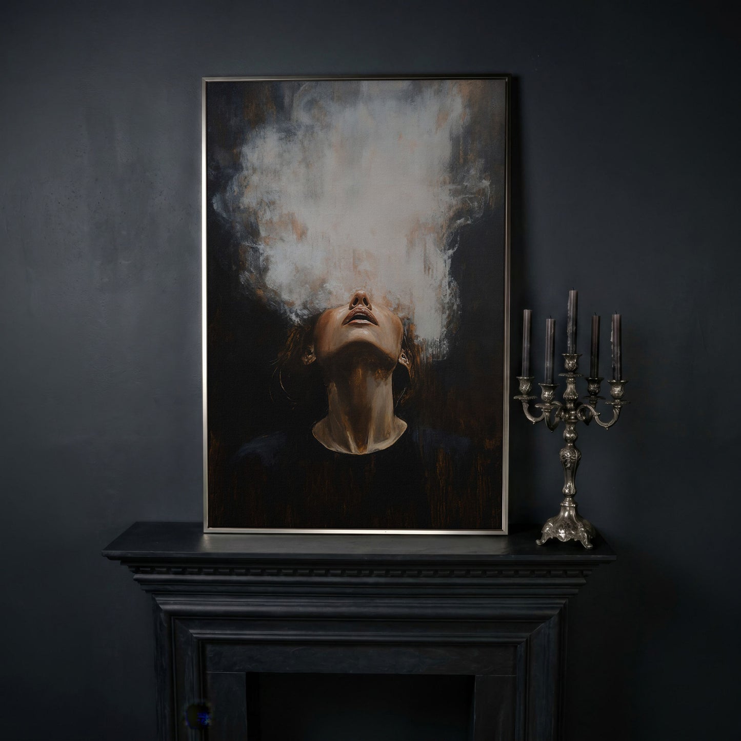 Surreal Woman with Smoke Effect Canvas in silver floating frame