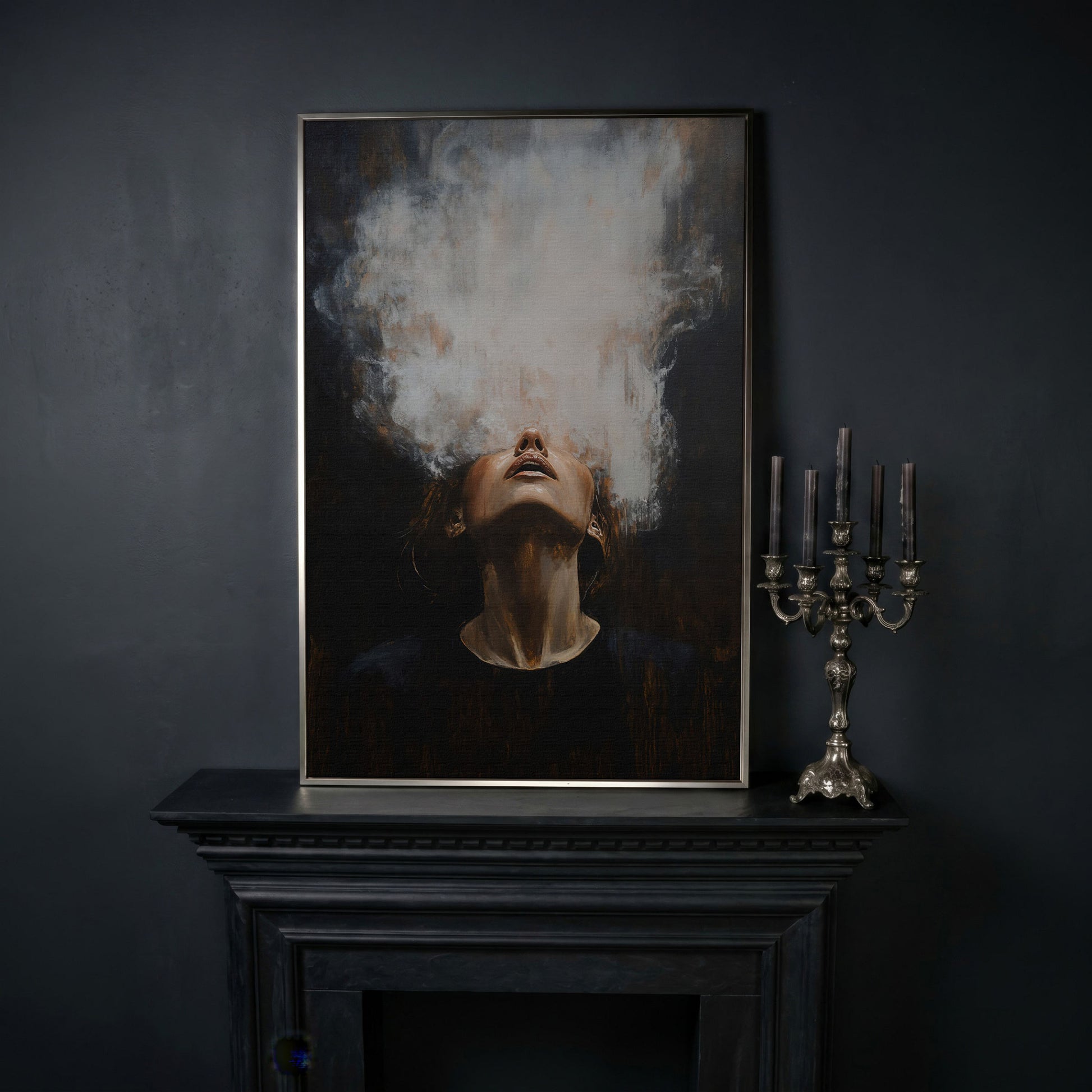 Surreal Woman with Smoke Effect Canvas in silver floating frame