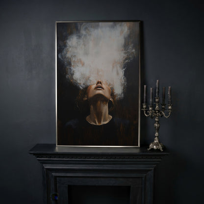 Surreal Woman with Smoke Effect Canvas in silver floating frame
