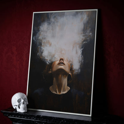 Surreal Woman with Smoke Effect Canvas in white floating frame